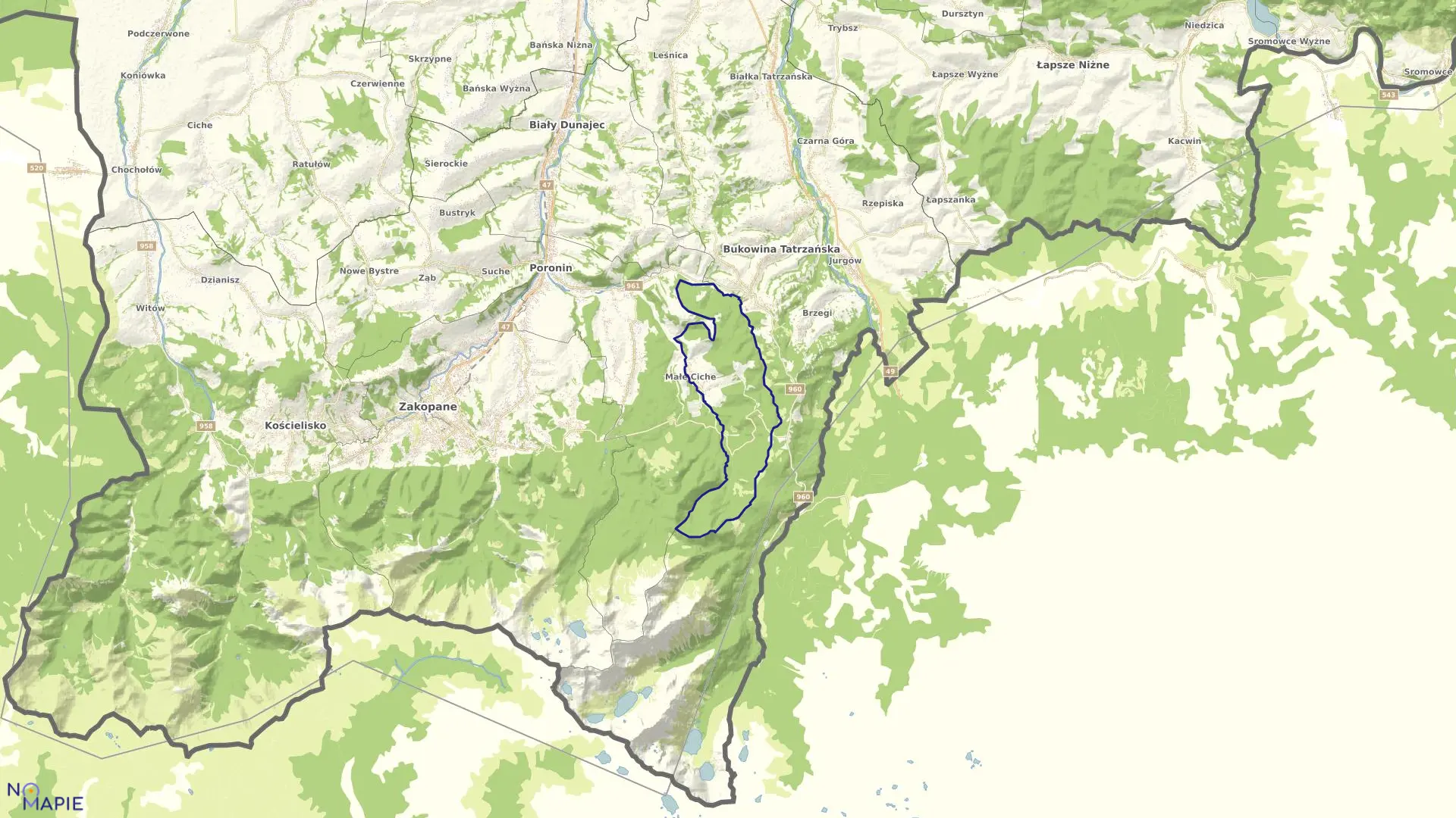 Mapa obrębu Małe Ciche w gminie Poronin